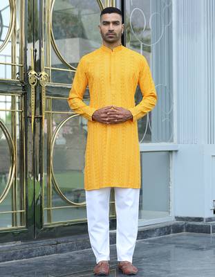 Silk rayon embroidered sequinned yellow kurta 6