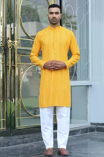 Silk rayon embroidered sequinned yellow kurta