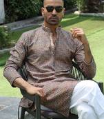 Cotton rayon embroidered sequinned beige kurta