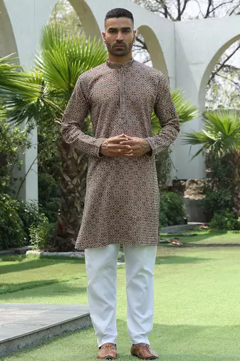 Cotton rayon embroidered sequinned beige kurta