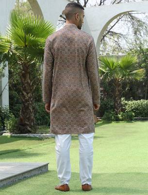 Cotton rayon embroidered sequinned beige kurta 4