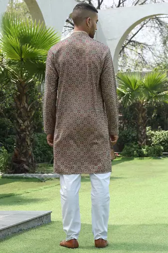 Cotton rayon embroidered sequinned beige kurta