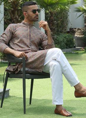 Cotton rayon embroidered sequinned beige kurta 5