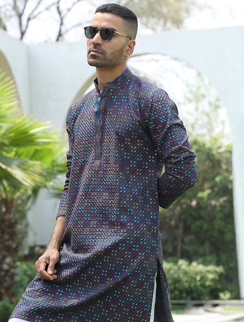 Cotton rayon embroidered sequinned blue kurta
