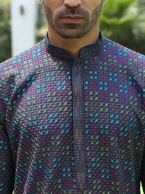 Cotton rayon embroidered sequinned blue kurta 2
