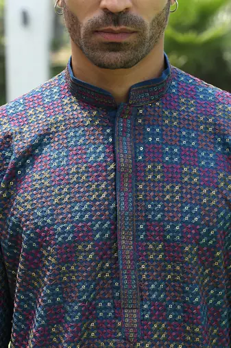 Cotton rayon embroidered sequinned blue kurta