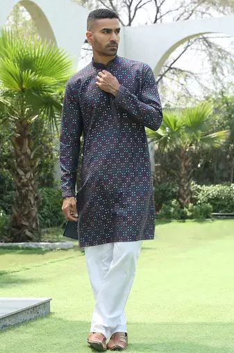 Cotton rayon embroidered sequinned blue kurta