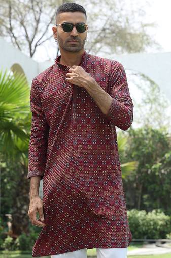 Cotton rayon embroidered sequinned maroon kurta