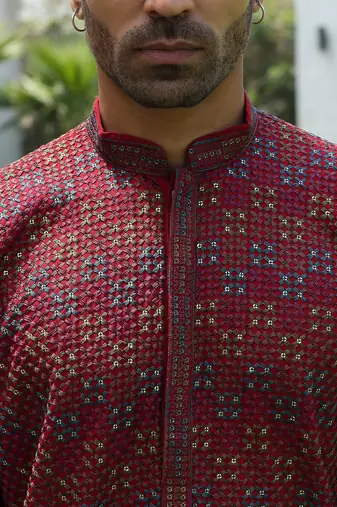Cotton rayon embroidered sequinned maroon kurta