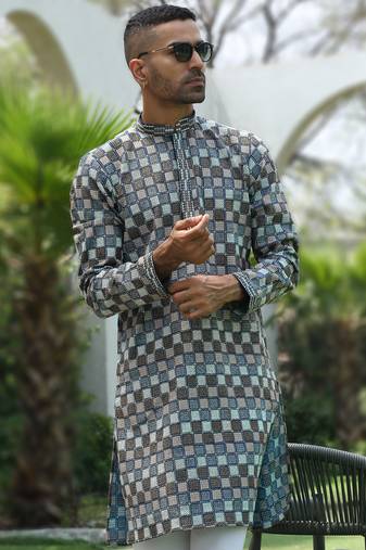 Cotton rayon embroidered chikankari sequinned blue kurta