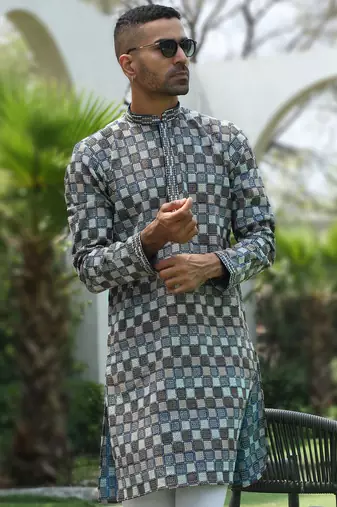 Cotton rayon embroidered chikankari sequinned blue kurta