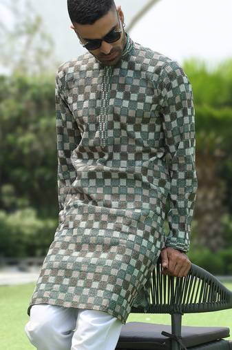 Cotton rayon embroidered chikankari sequinned green kurta