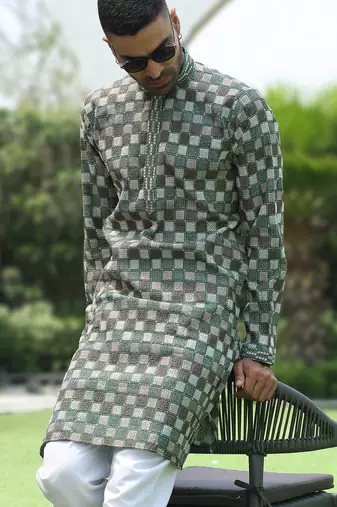 Cotton rayon embroidered chikankari sequinned green kurta
