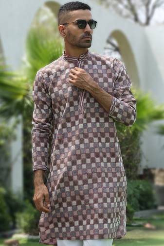 Cotton rayon embroidered chikankari sequinned mauve kurta
