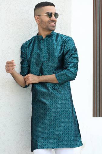 Silk blend jacquard self design blue kurta