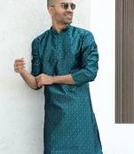 Silk blend jacquard self design blue kurta