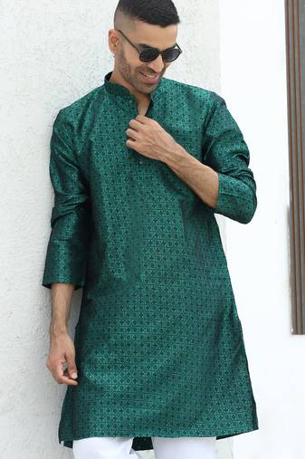 Silk blend jacquard self design green kurta