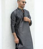 Silk blend jacquard self design grey kurta