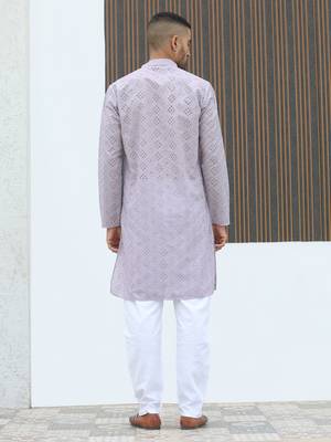 Cotton blend chikankari embroidered mauve kurta 4