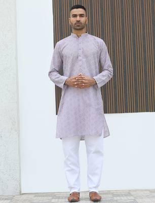 Cotton blend chikankari embroidered mauve kurta 5