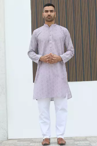 Cotton blend chikankari embroidered mauve kurta