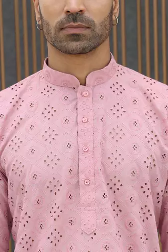 Cotton blend chikankari embroidered pink kurta