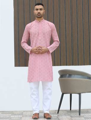 Cotton blend chikankari embroidered pink kurta 6