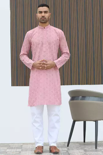 Cotton blend chikankari embroidered pink kurta