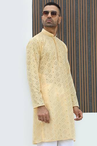 Cotton blend chikankari embroidered yellow kurta