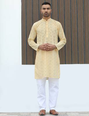 Cotton blend chikankari embroidered yellow kurta 5