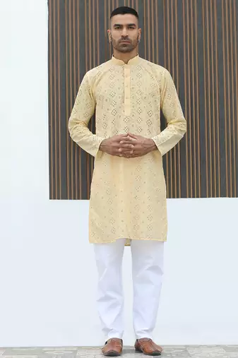 Cotton blend chikankari embroidered yellow kurta