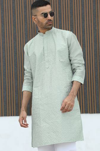 Silk blend embroidered sequinned green kurta