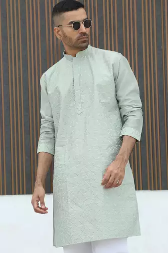 Silk blend embroidered sequinned green kurta