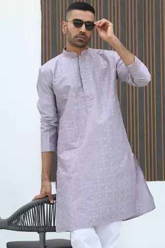 Silk blend embroidered sequinned mauve kurta