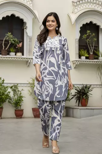 Cotton slub magic printed kurta pant embroidery neck work kurta set