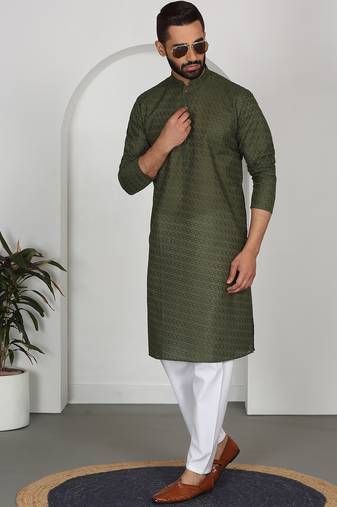 Chikankari embroidered cotton green kurta and pyjamas