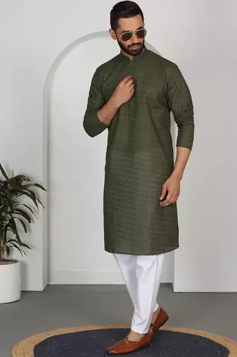 Chikankari embroidered cotton green kurta and pyjamas