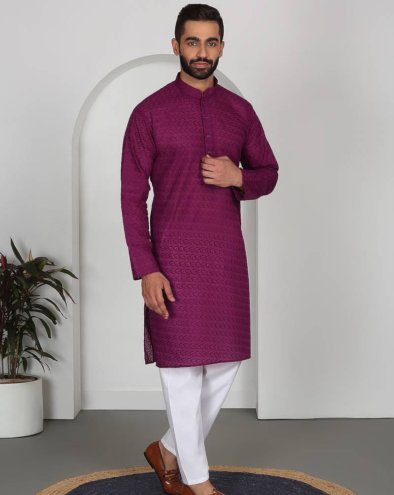 Chikankari embroidered cotton Purple kurta and pyjamas