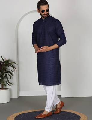 Chikankari embroidered cotton navy blue kurta and pyjamas 1