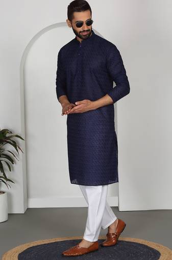Chikankari embroidered cotton navy blue kurta and pyjamas