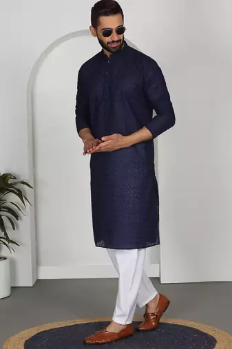 Chikankari embroidered cotton navy blue kurta and pyjamas
