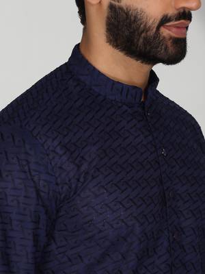 Chikankari embroidered cotton navy blue kurta and pyjamas 2