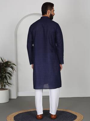 Chikankari embroidered cotton navy blue kurta and pyjamas 3