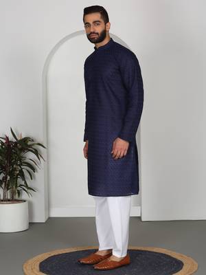 Chikankari embroidered cotton navy blue kurta and pyjamas 5