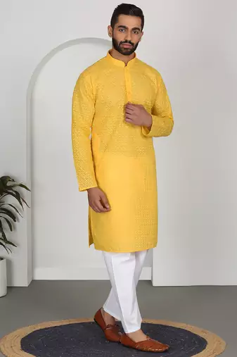 Chikankari embroidered cotton yellow kurta and pyjamas