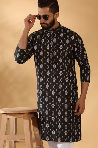 Cotton blend geometric printed black kurta and pyjamas