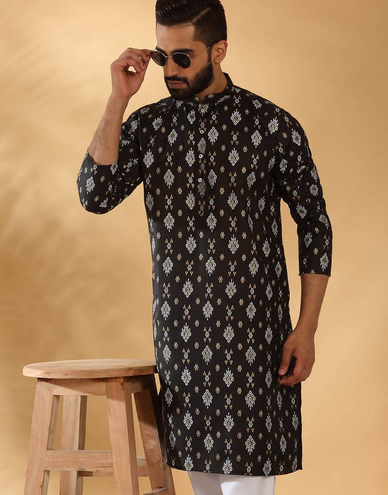 Cotton blend geometric printed black kurta and pyjamas