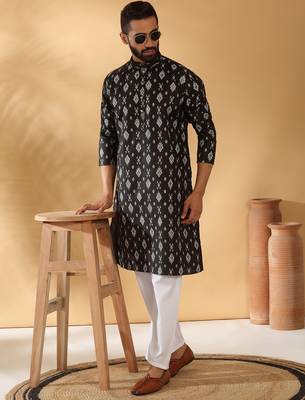 Cotton blend geometric printed black kurta and pyjamas 4