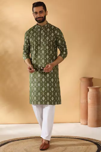 Cotton blend geometric printed green kurta and pyjamas