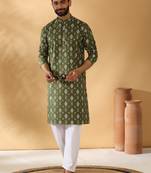 Cotton blend geometric printed green kurta and pyjamas